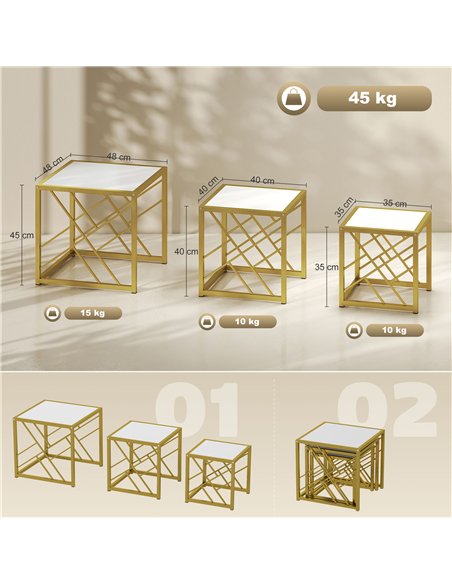 HOMCOM Nesting Coffee Tables, Set of 3 Square Side Tables with Black Metal Frame, for Living Room, Bedroom and Office, White - pic 166836 | FastDaddyshop