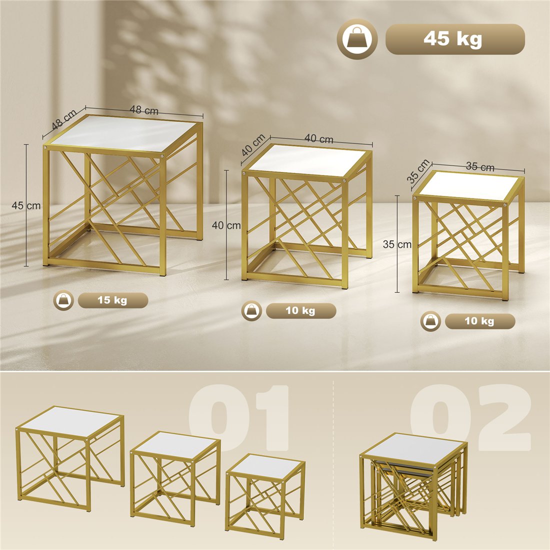 HOMCOM Nesting Coffee Tables Set of 3 with Black Metal Frame White 839-062V00WT pic2