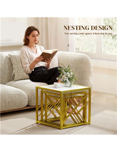 HOMCOM Nesting Coffee Tables, Set of 3 Square Side Tables with Black Metal Frame, for Living Room, Bedroom and Office, White