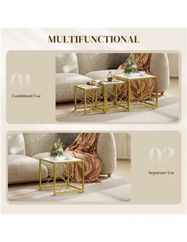 HOMCOM Nesting Coffee Tables, Set of 3 Square Side Tables with Black Metal Frame, for Living Room, Bedroom and Office, White