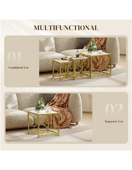 HOMCOM Nesting Coffee Tables, Set of 3 Square Side Tables with Black Metal Frame, for Living Room, Bedroom and Office, White - pic 166839 | FastDaddyshop