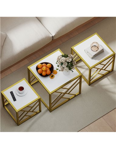 HOMCOM Nesting Coffee Tables, Set of 3 Square Side Tables with Black Metal Frame, for Living Room, Bedroom and Office, White