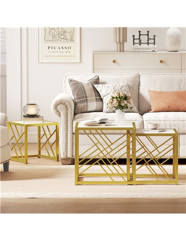 HOMCOM Nesting Coffee Tables, Set of 3 Square Side Tables with Black Metal Frame, for Living Room, Bedroom and Office, White