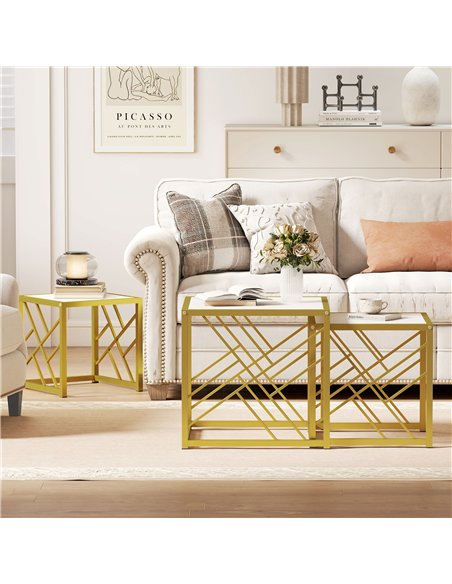 HOMCOM Nesting Coffee Tables, Set of 3 Square Side Tables with Black Metal Frame, for Living Room, Bedroom and Office, White - pic 166841 | FastDaddyshop