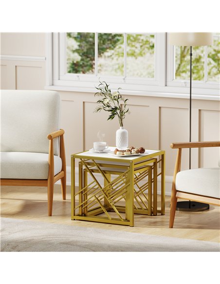 HOMCOM Nesting Coffee Tables, Set of 3 Square Side Tables with Black Metal Frame, for Living Room, Bedroom and Office, White - pic 166842 | FastDaddyshop