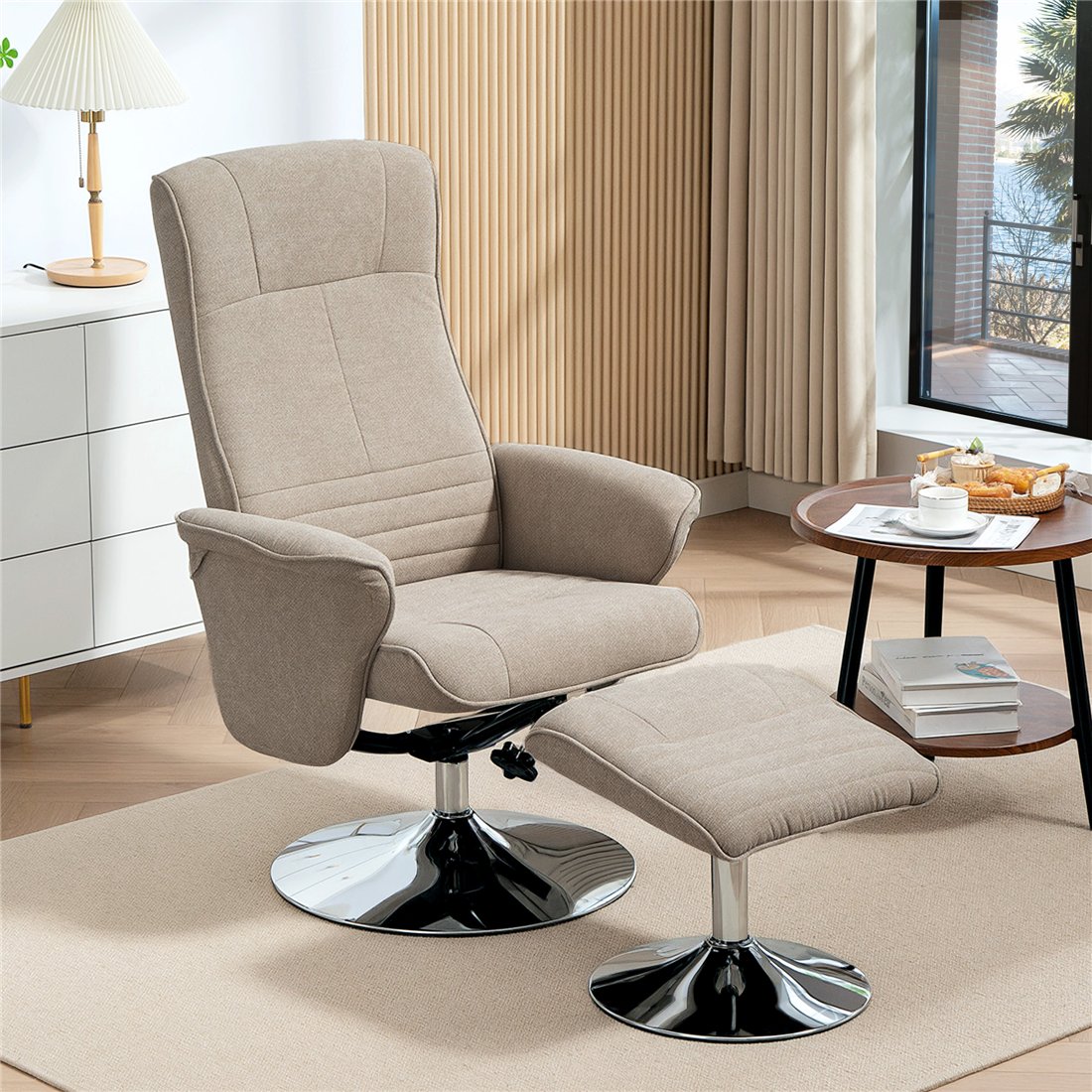 HOMCOM Velvet Swivel Recliner Chair with Footstool Beige 839-391V70BG pic1