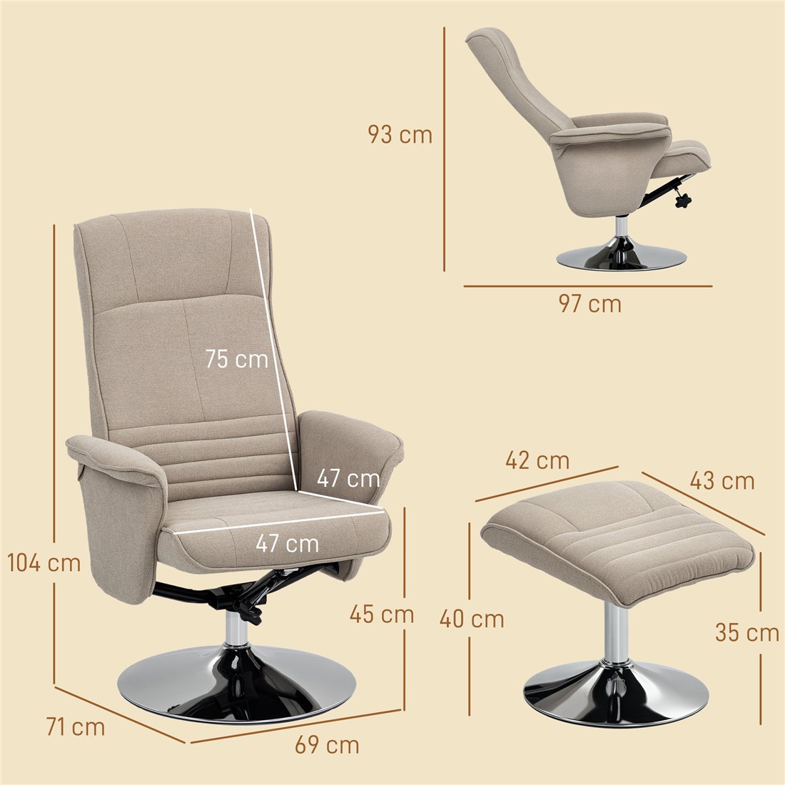 HOMCOM Velvet Swivel Recliner Chair with Footstool Beige 839-391V70BG pic2