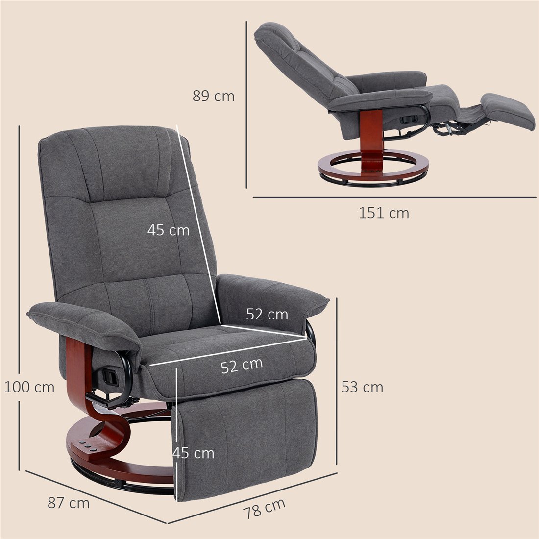 HOMCOM Reclining Swivel Armchair with Footrest Grey 833-621V74GY pic3