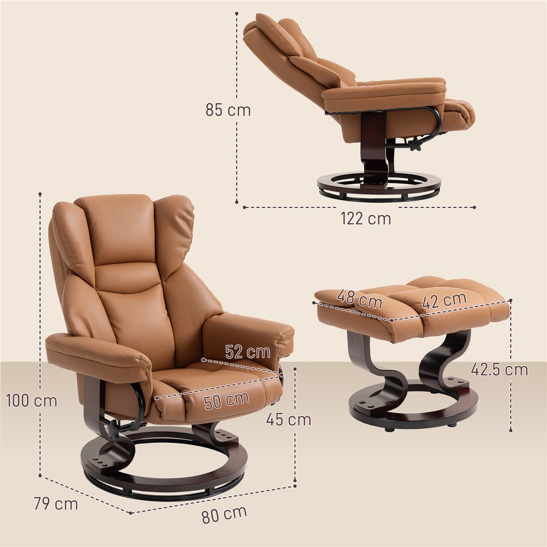 HOMCOM Faux Leather Recliner Chair & Footstool Brown 833-698V70BN pic2