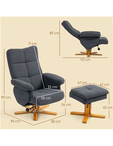 HOMCOM Linen-Look Recliner, with Storage Ottoman - Grey