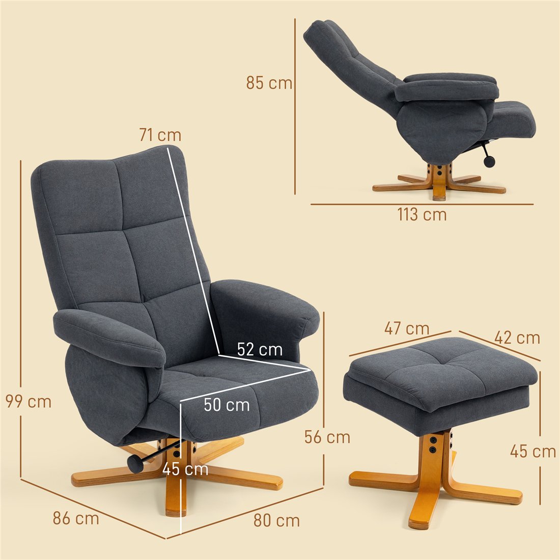 HOMCOM Linen-Effect Recliner with Storage Ottoman Grey 833-358V71GY pic2