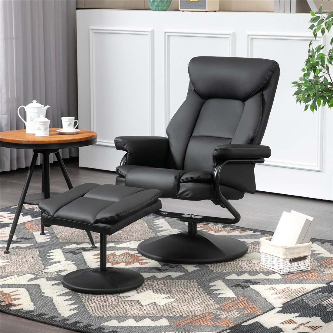 HOMCOM Swivel Recliner Chair with Footstool, PU Leather, Black 839-869V70BK pic1