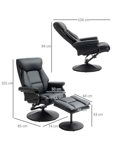 HOMCOM Swivel Recliner Chair with Footstool, PU Leather Recliner Armchair with Ottoman, Steel Base, Upholstered Reclining Chair 