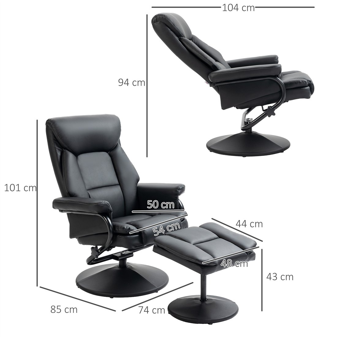 HOMCOM Swivel Recliner Chair with Footstool, PU Leather, Black 839-869V70BK pic2