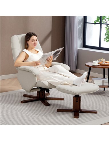 HOMCOM Linen Swivel Recliner Chair with Footstool, Upholstered Reclining Armchair with Wooden Base for Living Room, Beige