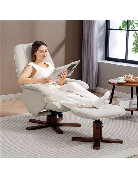 HOMCOM Linen Swivel Recliner Chair with Footstool, Upholstered Reclining Armchair with Wooden Base for Living Room, Beige - pic 166934 | FastDaddyshop