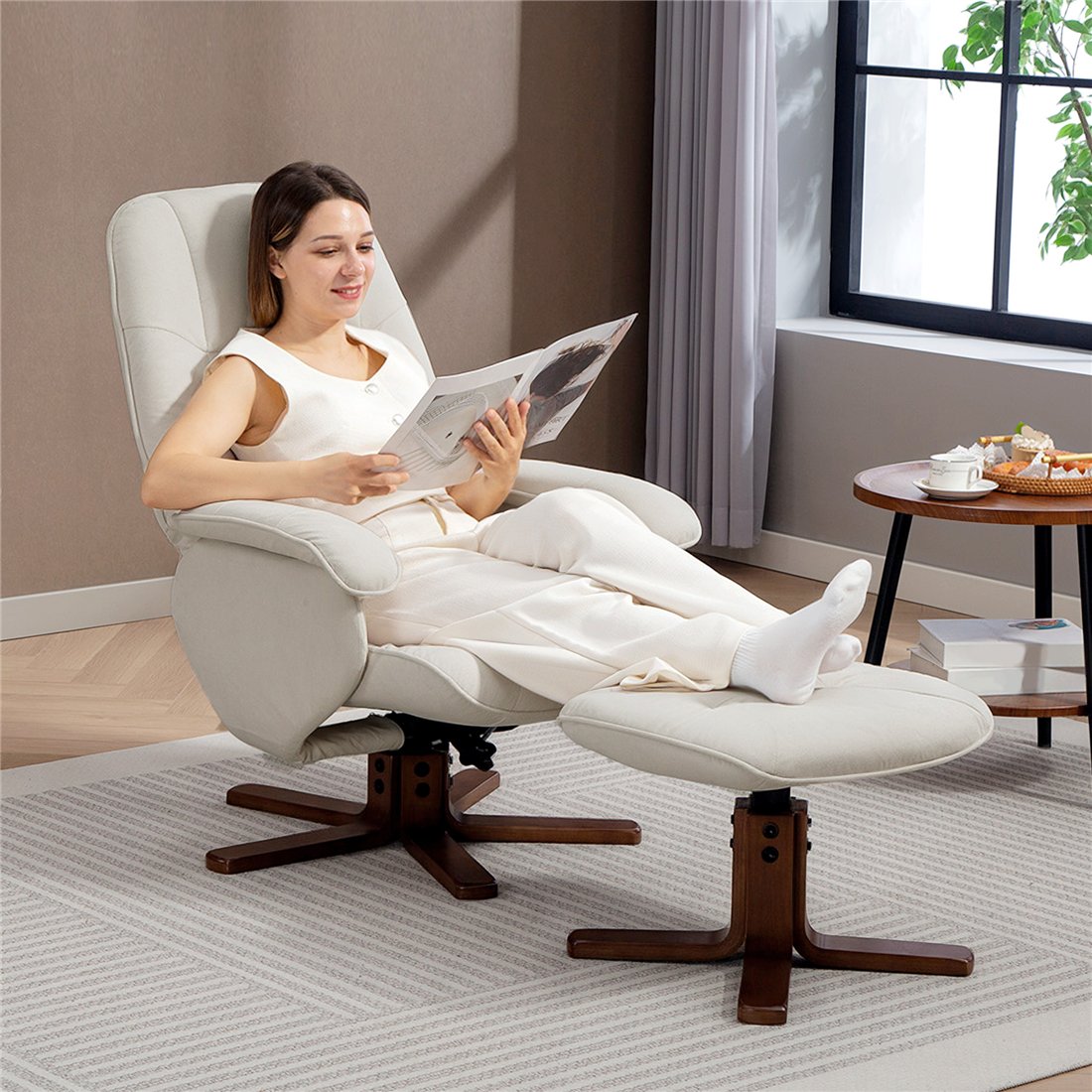 HOMCOM Linen Swivel Recliner Chair with Footstool Beige 839-871V70BG pic1