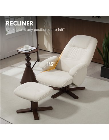 HOMCOM Linen Swivel Recliner Chair with Footstool, Upholstered Reclining Armchair with Wooden Base for Living Room, Beige