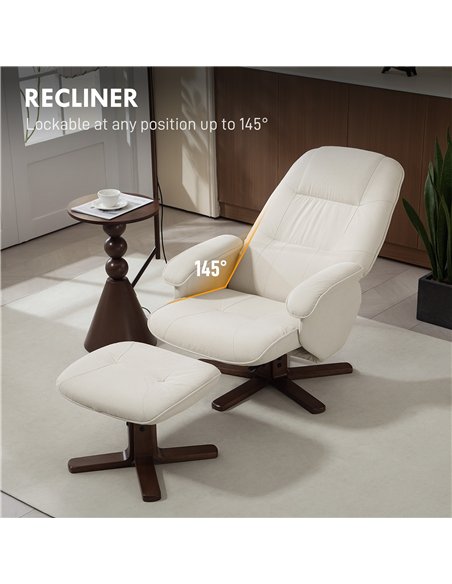 HOMCOM Linen Swivel Recliner Chair with Footstool, Upholstered Reclining Armchair with Wooden Base for Living Room, Beige - pic 166936 | FastDaddyshop