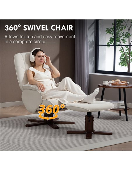 HOMCOM Linen Swivel Recliner Chair with Footstool, Upholstered Reclining Armchair with Wooden Base for Living Room, Beige - pic 166937 | FastDaddyshop