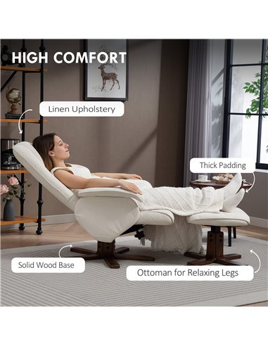 HOMCOM Linen Swivel Recliner Chair with Footstool, Upholstered Reclining Armchair with Wooden Base for Living Room, Beige