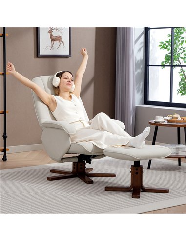 HOMCOM Linen Swivel Recliner Chair with Footstool, Upholstered Reclining Armchair with Wooden Base for Living Room, Beige
