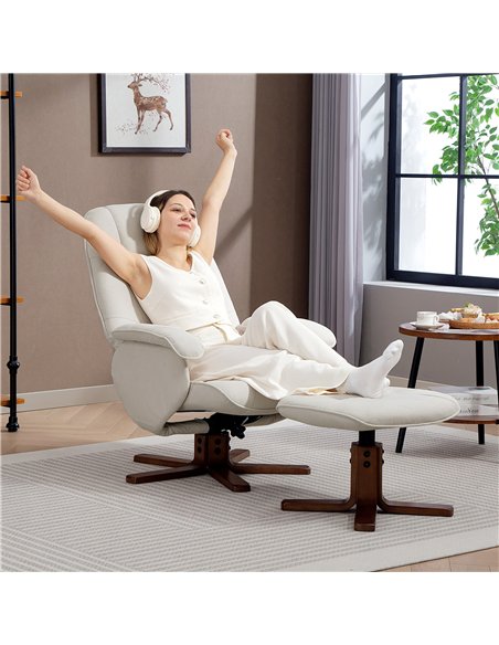 HOMCOM Linen Swivel Recliner Chair with Footstool, Upholstered Reclining Armchair with Wooden Base for Living Room, Beige - pic 166940 | FastDaddyshop
