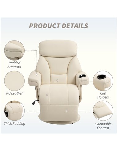 HOMCOM Manual Recliner Chair with Footrest, Upholstered Reclining Armchair with Adjustable Backrest and Cup Holder, PU Leather S