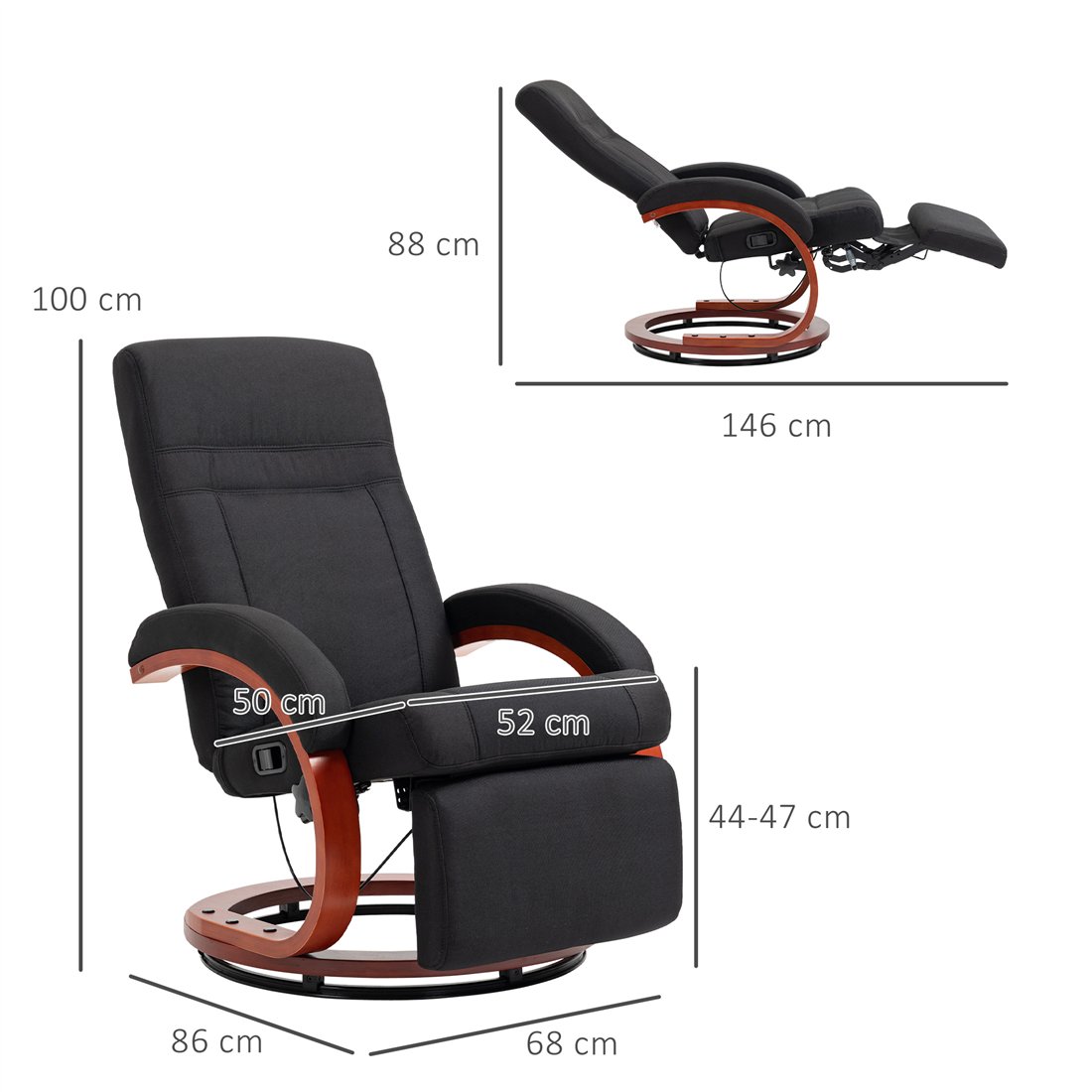 HOMCOM 135° Manual Reclining Swivel Chair with Footrest Black 839-849V70BK pic2