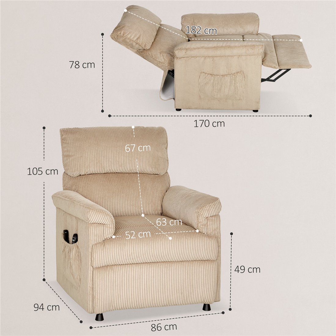 HOMCOM Corduroy Electric Massage Recliner Brown 700-188V70BN pic3