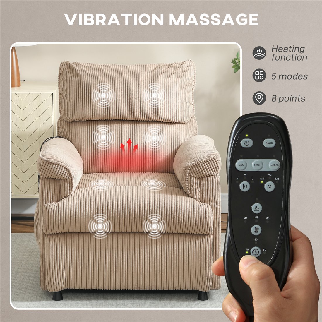 HOMCOM Corduroy Electric Massage Recliner Brown 700-188V70BN pic2
