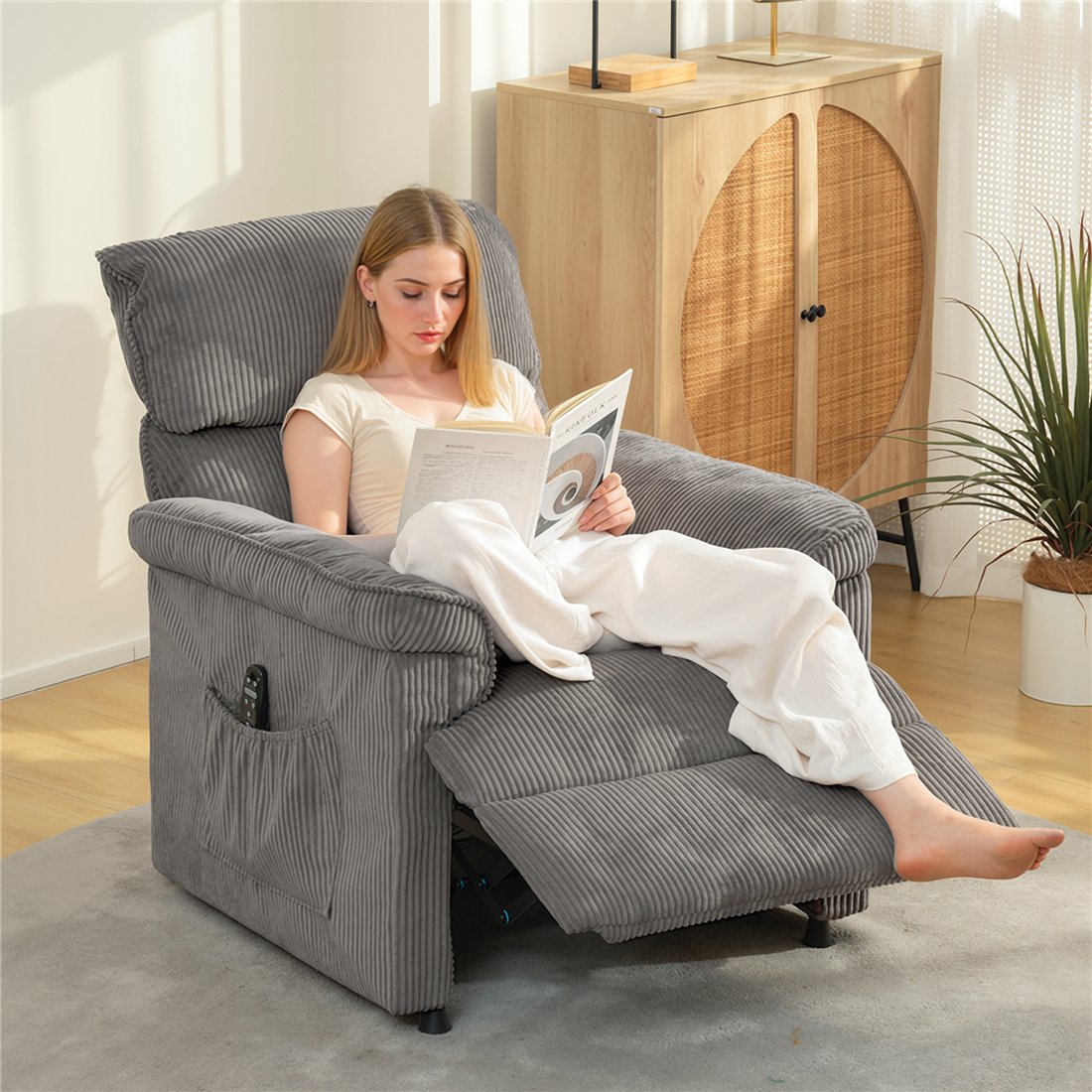 HOMCOM Corduroy Electric Massage Recliner Grey 700-188V70GY pic1