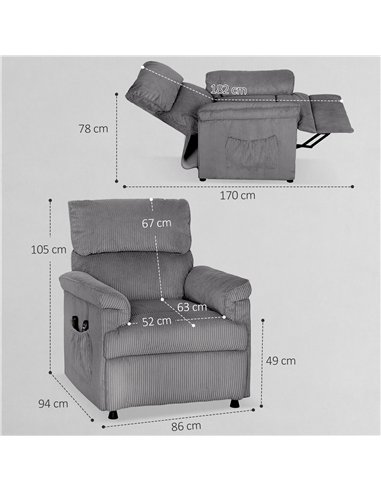 HOMCOM Corduroy Electric Massage Recliner - Grey