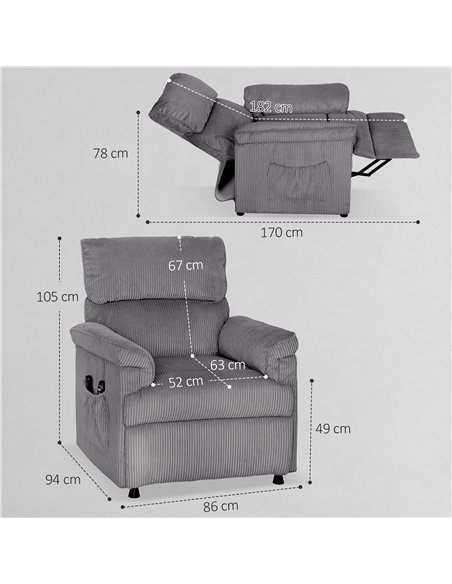 HOMCOM Corduroy Electric Massage Recliner - Grey - pic 166998 | FastDaddyshop
