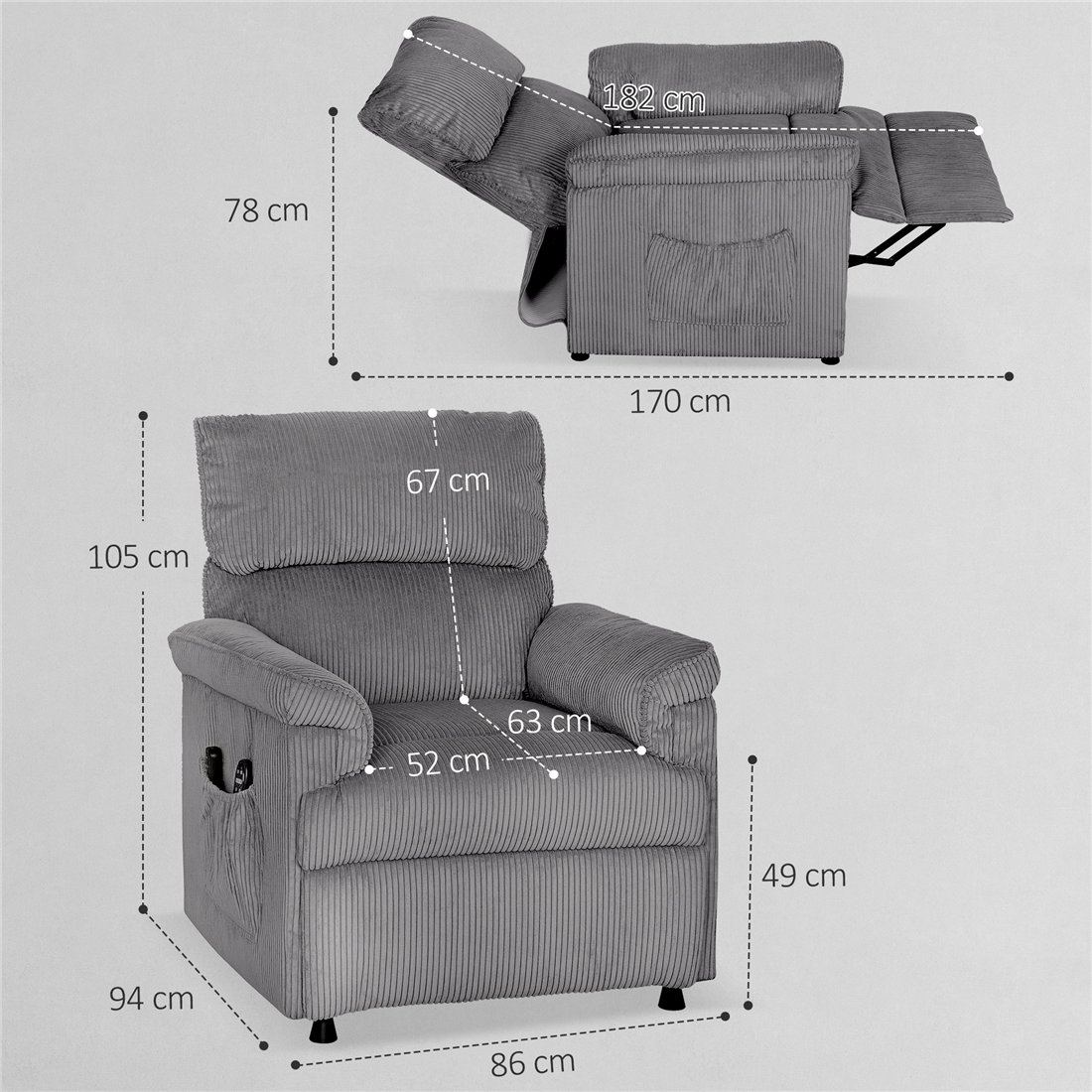 HOMCOM Corduroy Electric Massage Recliner Grey 700-188V70GY pic3