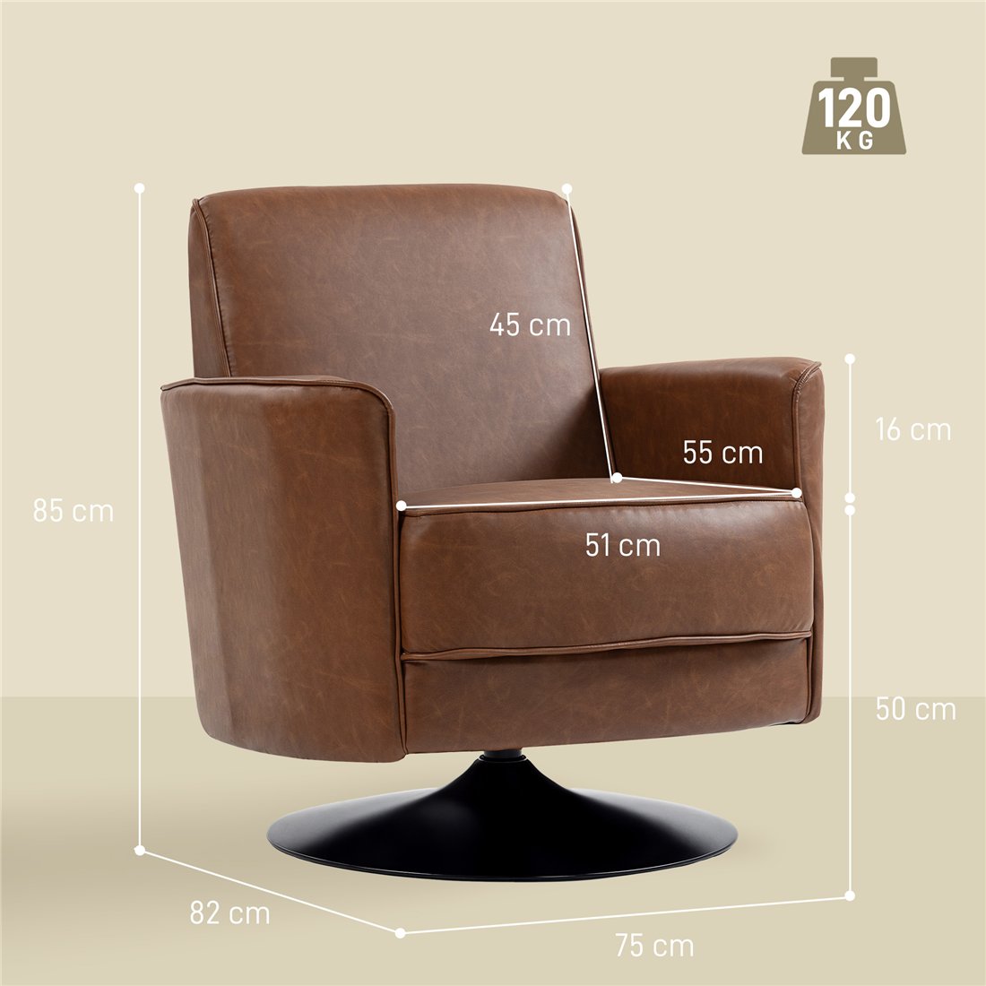 HOMCOM Upholstered Swivel Accent Chair with Thick Padding Brown 83B-603V70BN pic2