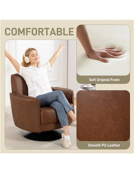 HOMCOM Upholstered Swivel Accent Chair with Thick Padding, Brown - pic 167036 | FastDaddyshop