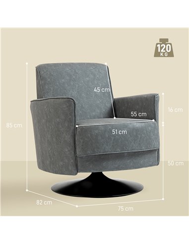 HOMCOM Upholstered Swivel Accent Chair with Thick Padding, Grey
