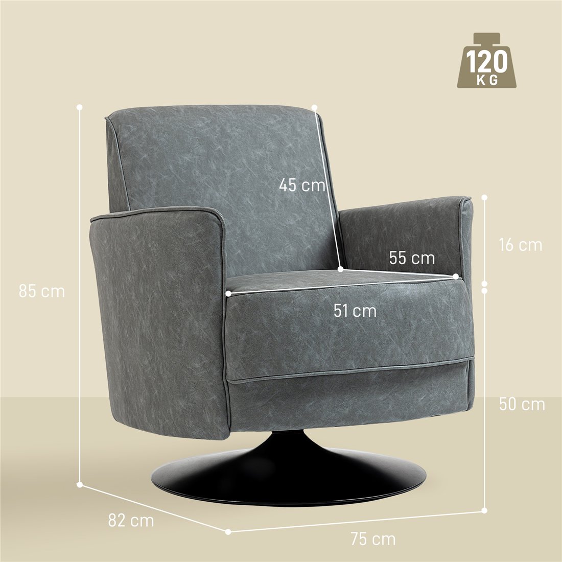 HOMCOM Upholstered Swivel Accent Chair with Thick Padding Grey 83B-603V70GY pic2