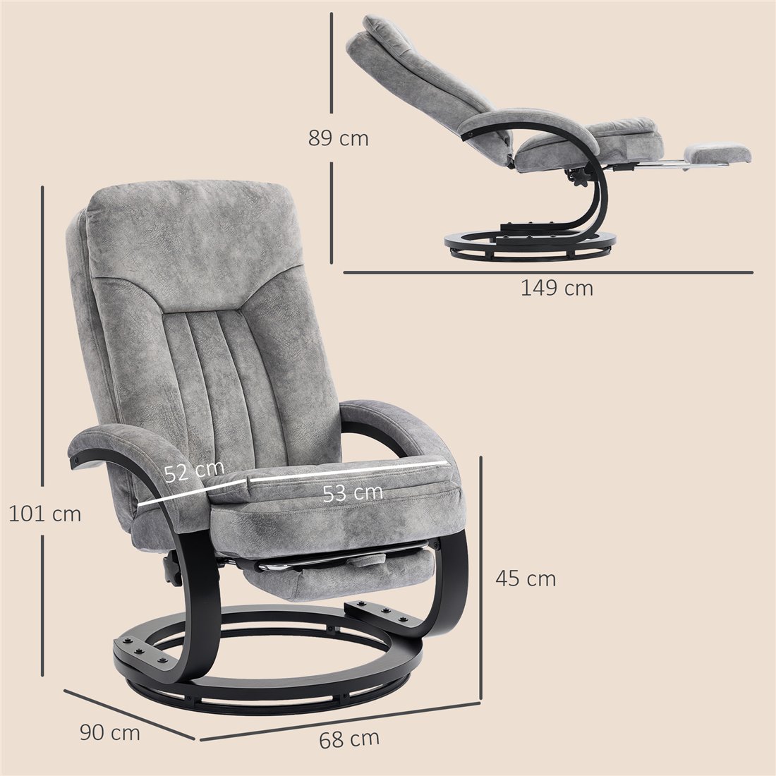 HOMCOM Grey Velvet Swivel Recliner Chair with Footrest 83B-596V70GY pic2