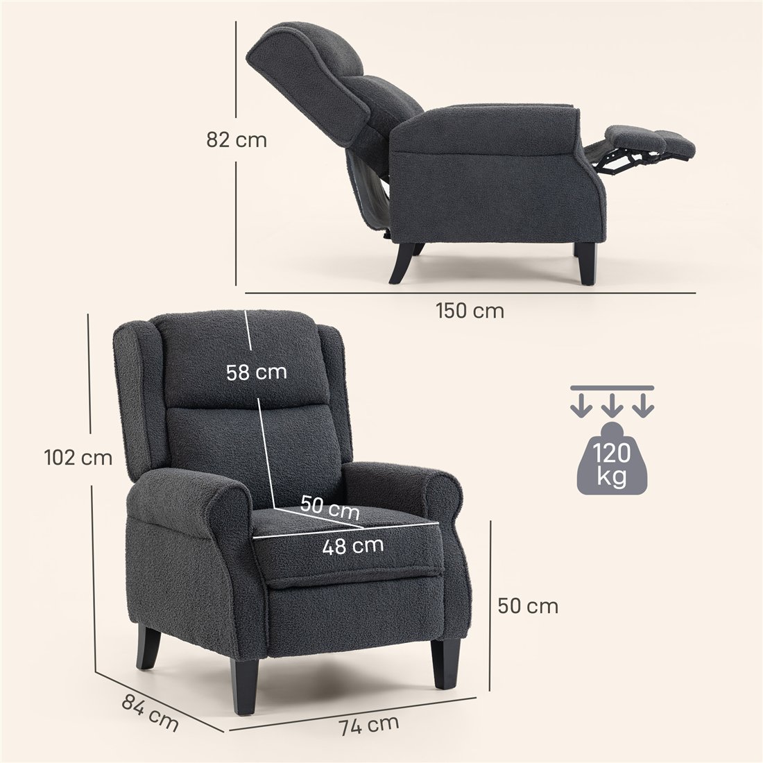 HOMCOM 132° Recliner Armchair with Extended Footrest Dark Grey 83B-604V70CG pic2