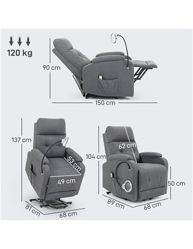 HOMCOM Electric Rise/Recline Armchair, with Reading Light - Grey