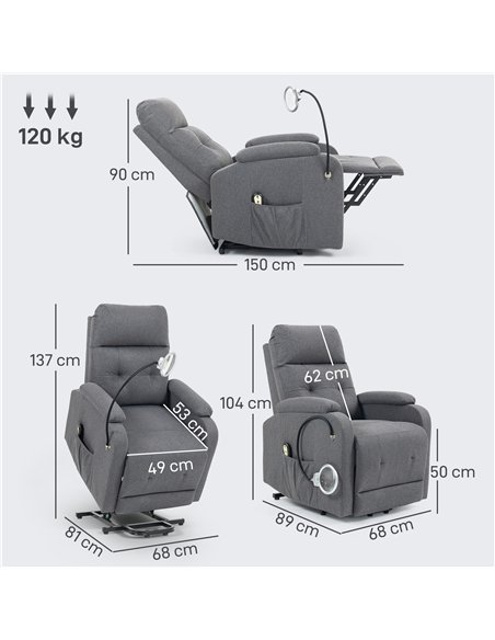 HOMCOM Electric Rise/Recline Armchair, with Reading Light - Grey - pic 167115 | FastDaddyshop