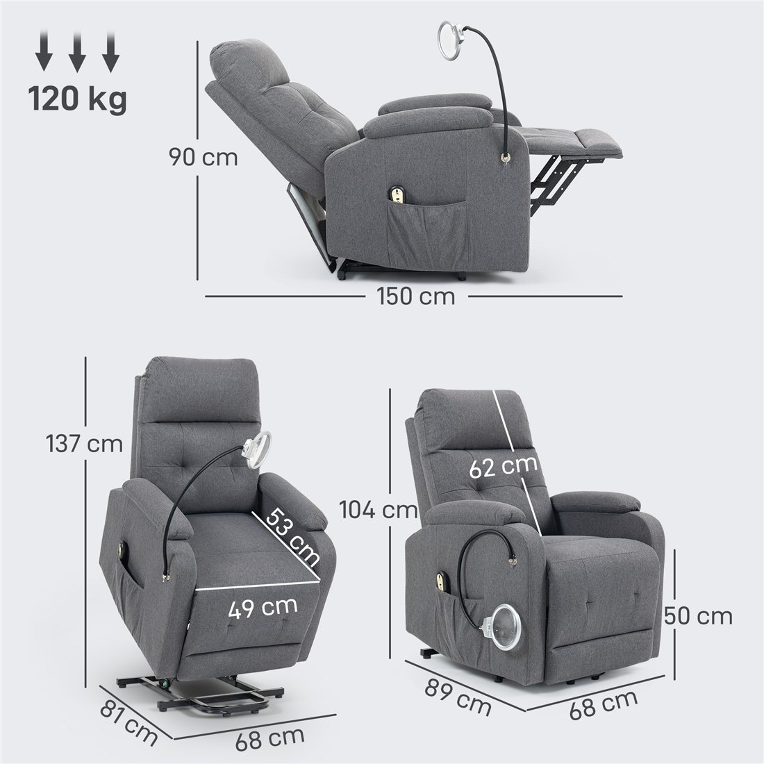 HOMCOM Electric Rise Recline Armchair with Reading Light Grey 713-204V70GY pic2