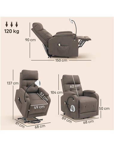HOMCOM Electric Rise/Recline Armchair, with Reading Light - Brown