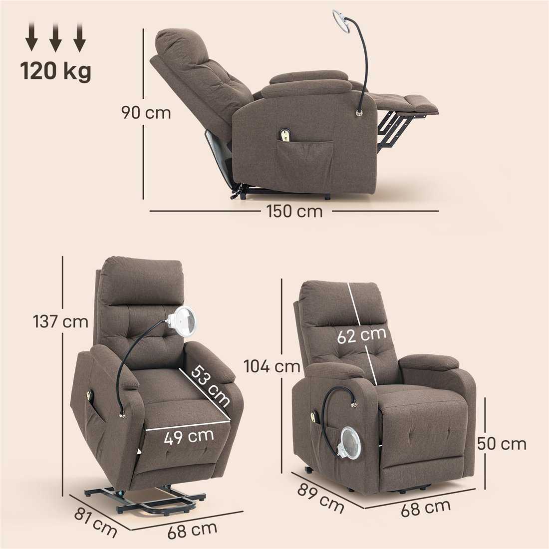 HOMCOM Electric Rise & Recline Armchair with Reading Light Brown 713-204V70BN pic2