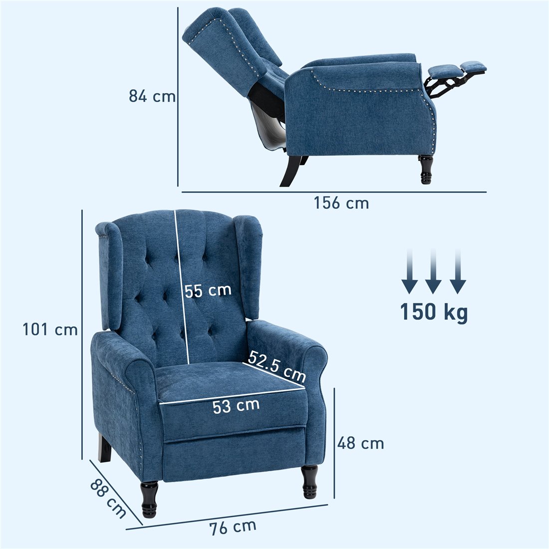 HOMCOM 150° Reclining Vintage Armchair with Footrest Royal Blue 833-677V72BU pic3