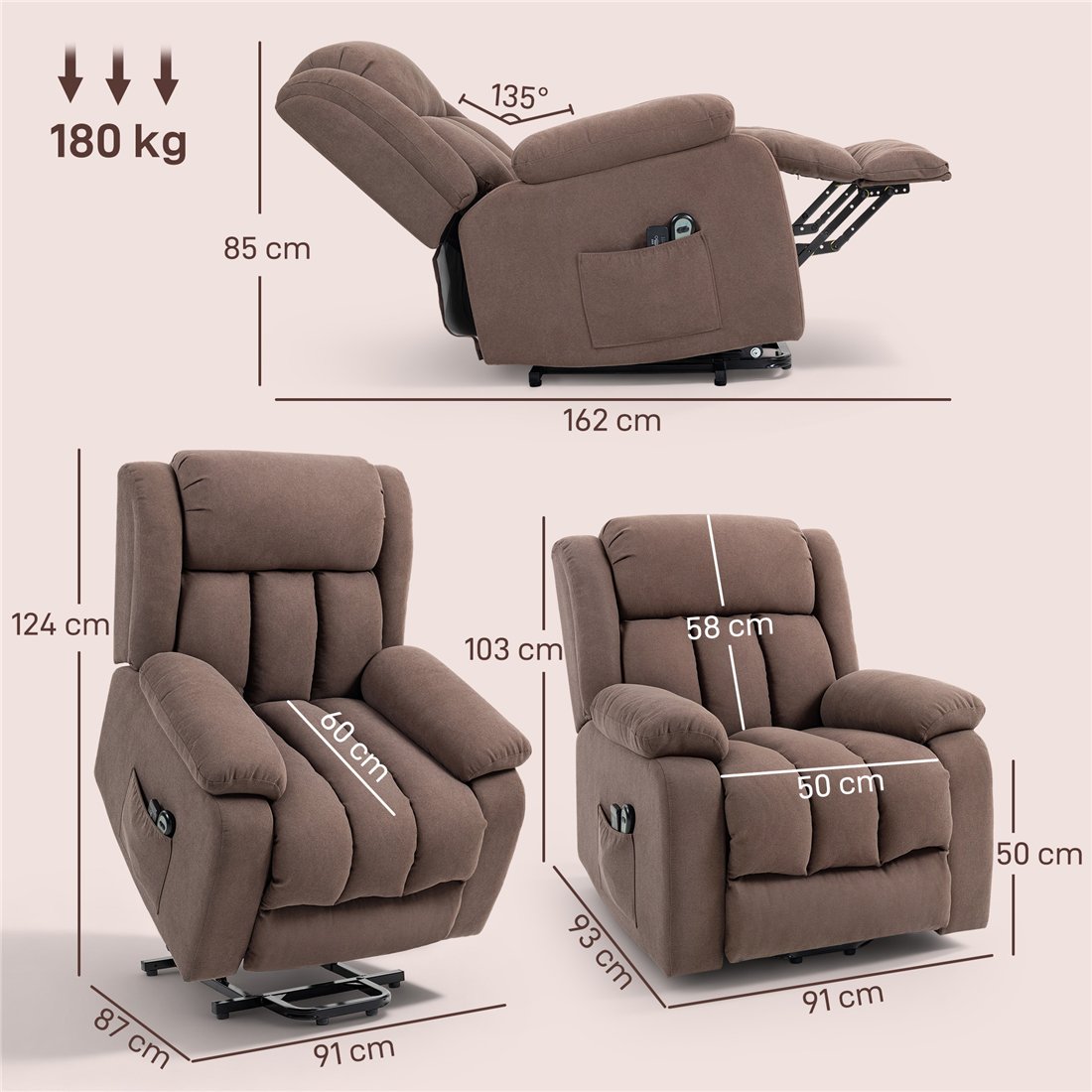 HOMCOM Eight-Point Massage Electric Lift Chair Dark Brown 713-093V71DR pic2