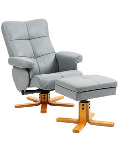 HOMCOM PU Leather Swivel Recliner Chair with Footstool, Wooden Base and Storage for Living Room, Light Grey