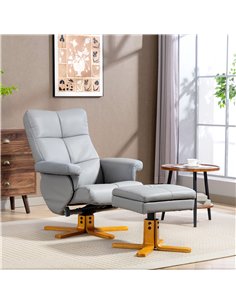 HOMCOM PU Leather Swivel Recliner Chair with Footstool, Wooden Base and Storage for Living Room, Light Grey 2